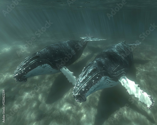Two humpback whales swim gracefully in clear ocean water near the sandy bottom. photo