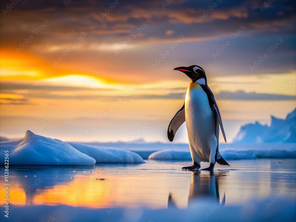 Fototapeta premium A solitary penguin makes its way across the vast frozen landscape of Antarctica, illuminated by the soft glow of low light, capturing the essence of isolation and resilience in the wintry wilderness.