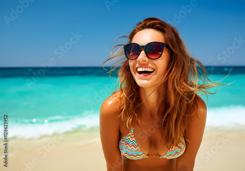 Joyful young girl smiling and enjoying a sunny day at the beach, with the ocean and clear blue sky in the background. A vibrant and carefree moment of happiness by the seaside.