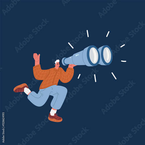 Cartoon vector illustration of the concept of a person running with a large pair of binoculars in their hands, symbolizing pursuit, curiosity, and exploration over dark background
