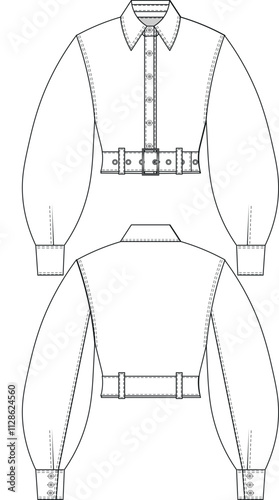 collared buttoned belted balloon sleeve long sleeve short cropped crop fit jacket shirt template technical drawing flat sketch cad mockup fashion woman design style model 
