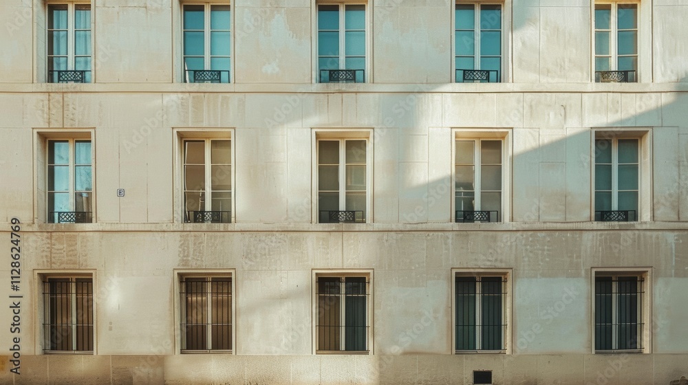 Elegant Parisian architecture, modern minimalist building, full wall with windows and doors, warm sunlight, serene urban scene, no people present.