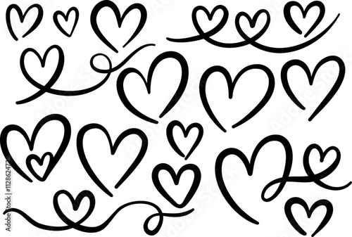 Heart doodles, vector line art flourishes illustration, cartoon hearts decorative clip art set