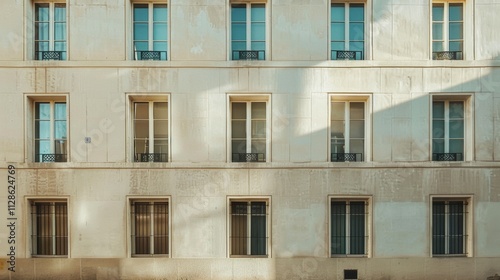 Obraz na płótnie Elegant Parisian architecture, modern minimalist building, full wall with windows and doors, warm sunlight, serene urban scene, no people present. w salonie