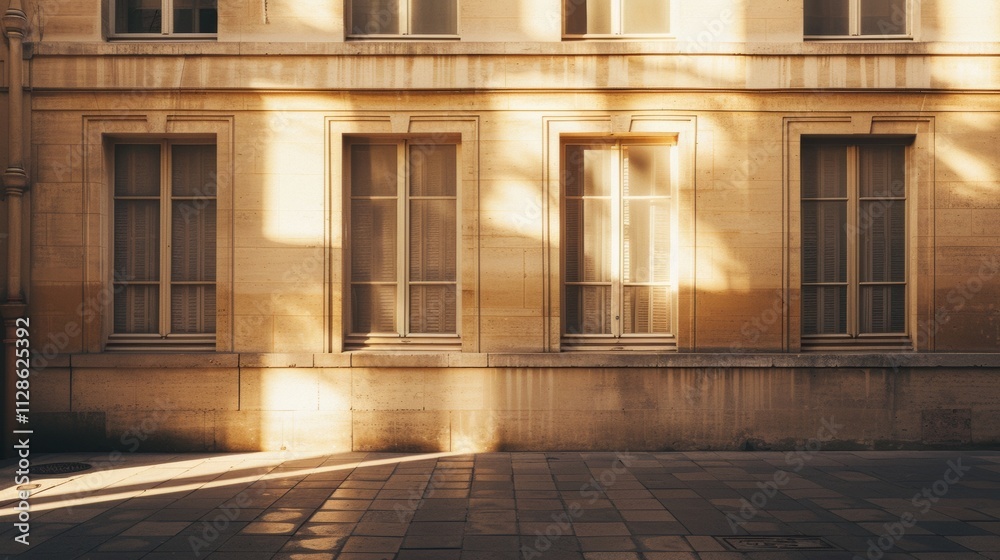 Elegant Parisian architecture, modern minimalist building, full wall with windows and doors, warm sunlight, serene urban setting, no people visible.