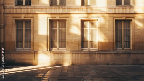 Obraz na płótnie Elegant Parisian architecture, modern minimalist building, full wall with windows and doors, warm sunlight, serene urban setting, no people visible. w salonie