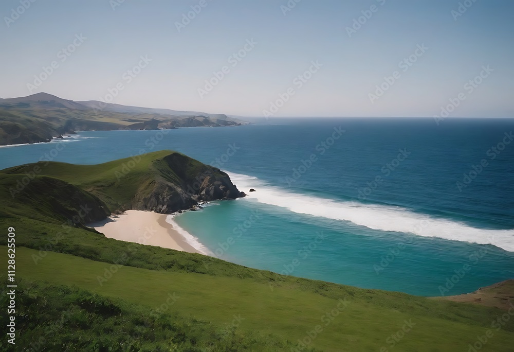 A serene coastal landscape with a crescent-shaped beach, rolling hills, and a vast blue ocean stretching towards the horizon. A serene coastal landscape with a crescent-shaped beach, rolling hills, and a vast blue ocean stretching towards the horizon.