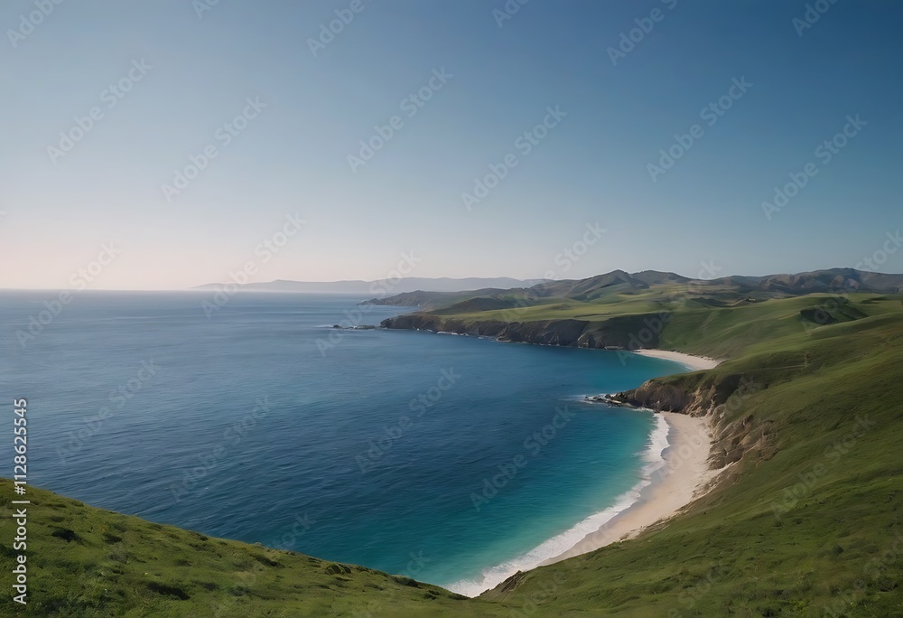 A serene coastal landscape with a crescent-shaped beach, rolling hills, and a vast blue ocean stretching towards the horizon. A serene coastal landscape with a crescent-shaped beach, rolling hills, and a vast blue ocean stretching towards the horizon.