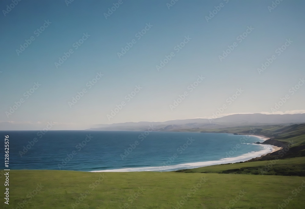 A serene coastal landscape with a crescent-shaped beach, rolling hills, and a vast blue ocean stretching towards the horizon. A serene coastal landscape with a crescent-shaped beach, rolling hills, and a vast blue ocean stretching towards the horizon.