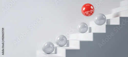 A red ball is falling down the stairs, surrounded by white spheres