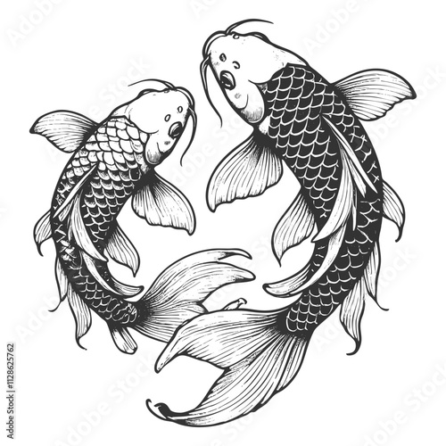 two koi fish swimming in a circular motion, with flowing fins and detailed scalessketch engraving generative ai vector illustration. Scratch board imitation. Black and white image.