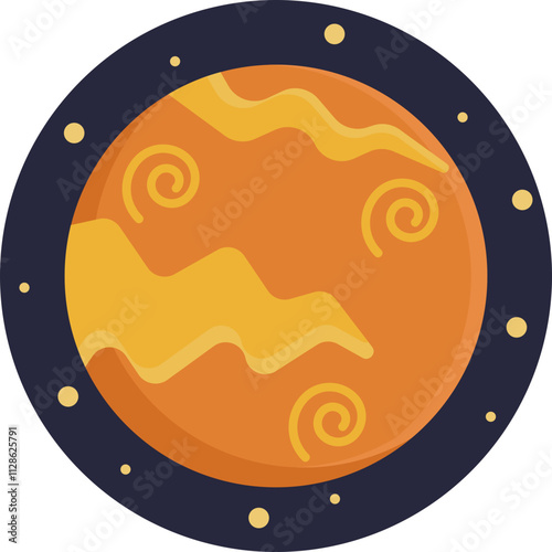 An abstract illustration of Pluto, designed as a circular icon with a textured, speckled surface to reflect its rocky and icy composition.