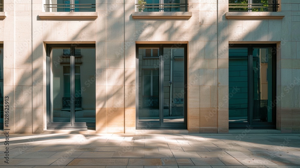 Elegant Parisian architecture, modern minimalist building, full wall with windows and doors, warm sunlight, peaceful urban setting, no people present.