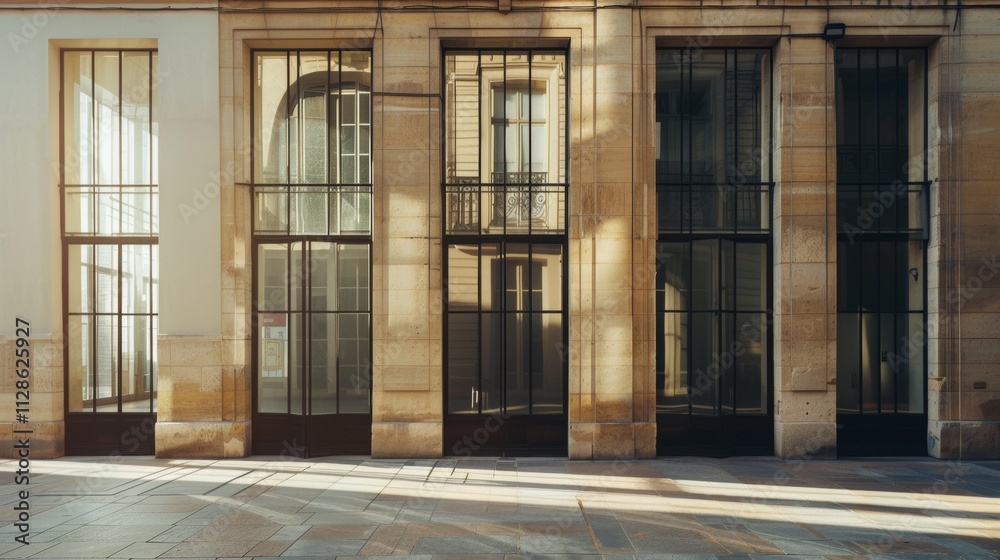 Elegant Parisian architecture, modern minimalist design, full wall with windows and doors, warm sunlight, tranquil urban scene, no people present.