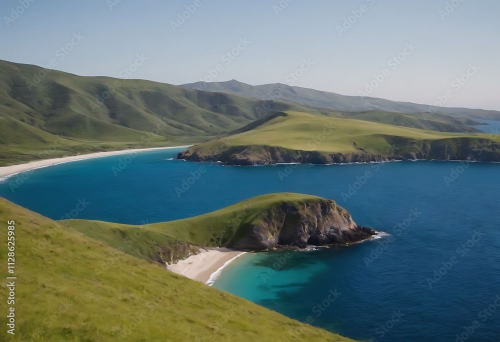 A serene coastal landscape with a crescent-shaped beach, rolling hills, and a vast blue ocean stretching towards the horizon.