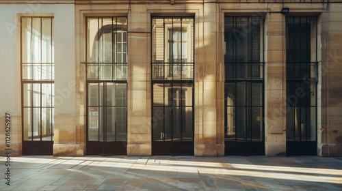 Obraz na płótnie Elegant Parisian architecture, modern minimalist design, full wall with windows and doors, warm sunlight, tranquil urban scene, no people present. w salonie