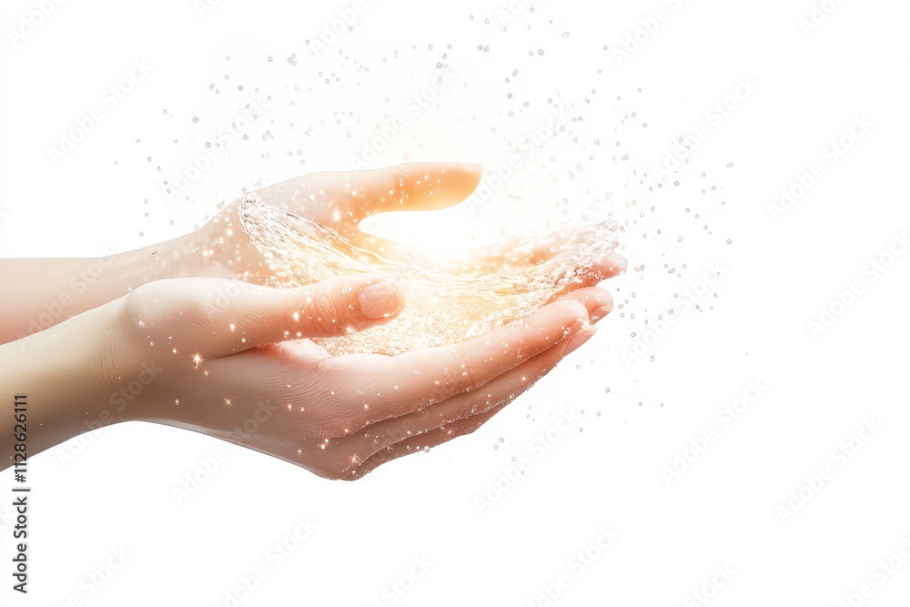 Fototapeta premium Hands holding glowing particles, symbolizing magic or energy.