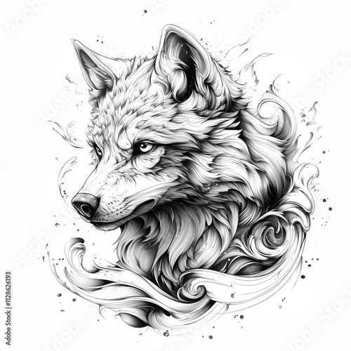 Wavy wolf head artwork, black and white detailed sketch, tattoo design illustration photo