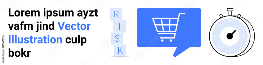 E-commerce chat bubble with shopping cart, risk management acronym, stopwatch. Ideal for e-commerce, risk assessment, time management, digital marketing, business strategies, data analysis
