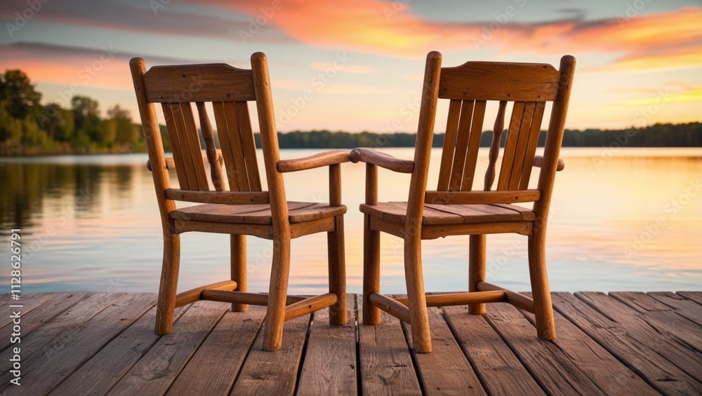 Wooden table and chairs overlooking a serene ocean at sunset