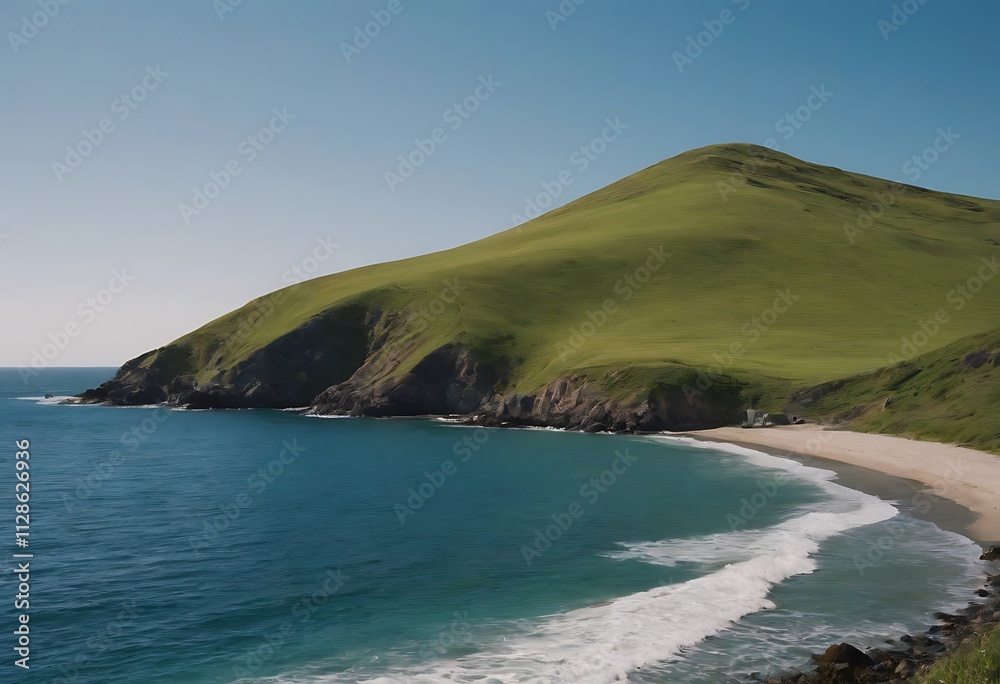 A serene coastal landscape with a crescent-shaped beach, rolling hills, and a vast blue ocean stretching towards the horizon. A serene coastal landscape with a crescent-shaped beach, rolling hills, and a vast blue ocean stretching towards the horizon.