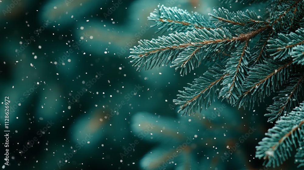 A snow covered pine tree branch with snowflakes falling on it. Concept of tranquility and peacefulness, as the snowflakes gently fall on the tree, creating a serene atmosphere A snow covered pine tree branch with snowflakes falling on it. Concept of tranquility and peacefulness, as the snowflakes gently fall on the tree, creating a serene atmosphere