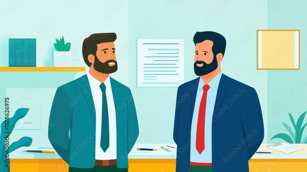 Two businessmen in suits engage in conversation in a modern office setting, surrounded by plants and paperwork. Two businessmen in suits engage in conversation in a modern office setting, surrounded by plants and paperwork.