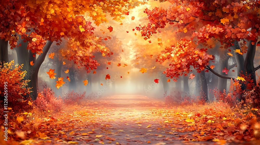Enchanting autumn forest path illuminated by golden sunlight with falling leaves. Enchanting autumn forest path illuminated by golden sunlight with falling leaves.