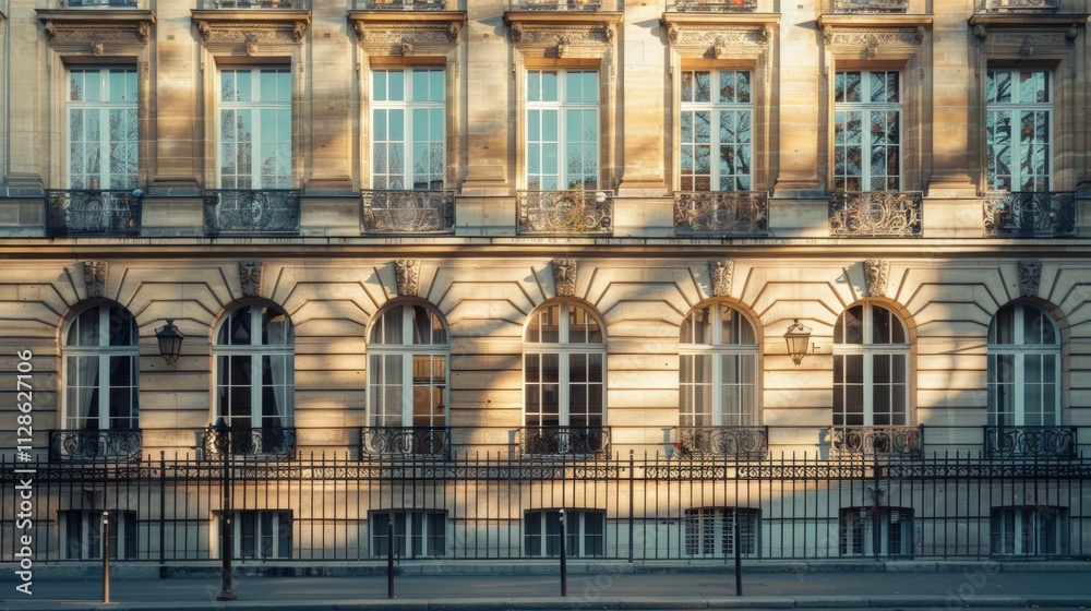 Elegant Parisian building, contemporary minimalist architecture, complete wall with windows and doors, warm sunlight, serene atmosphere, no people around.