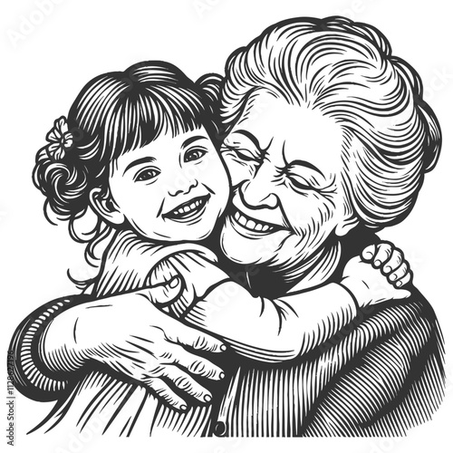 joyful grandmother hugging her young granddaughter, highlighting love, warmth, and family bond sketch engraving generative ai vector illustration. Scratch board imitation. Black and white image.