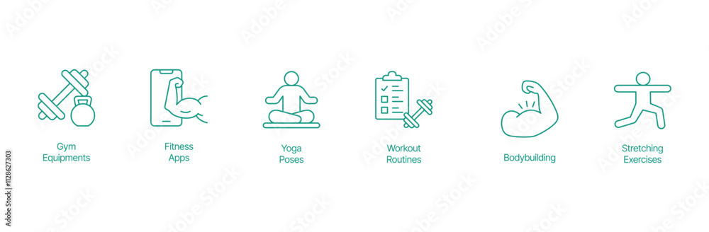 Complete Fitness Icon Set - Vector Illustrations for Gym Equipment, Fitness Apps, Yoga Poses, Workout Routines, Bodybuilding, and Stretching Exercises