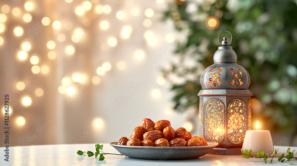 Ramadan Kareem invitation card featuring dates and Arabic lantern