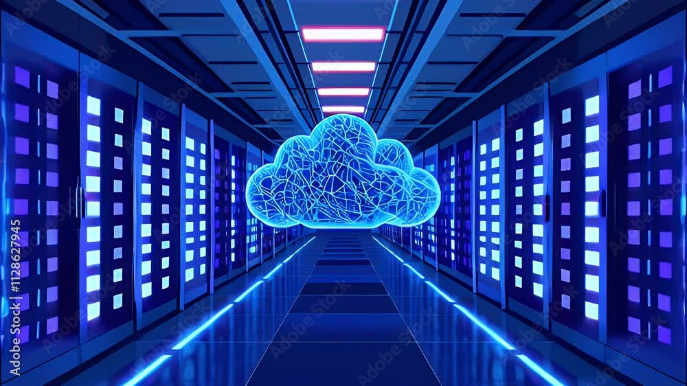 A futuristic data center with a glowing cloud symbolizing cloud computing.