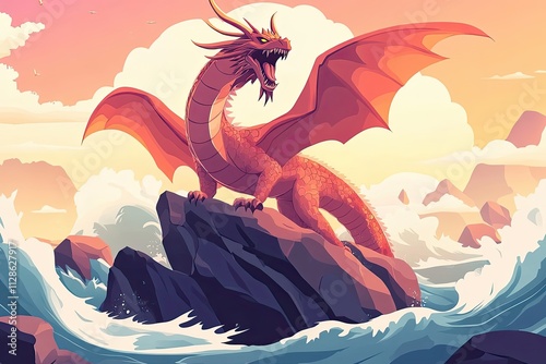 Majestic Dragon Perched on Coastal Rocks at Sunset photo