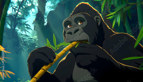 Gorilla eating bamboo in lush jungle. photo