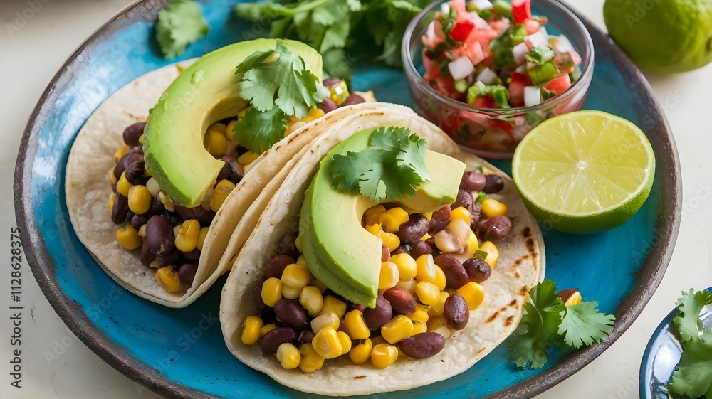 Corn and black bean tacos with avocado slices and cilantro, served on rustic plate with lime wedges and vibrant salsa Corn and black bean tacos with avocado slices and cilantro, served on rustic plate with lime wedges and vibrant salsa
