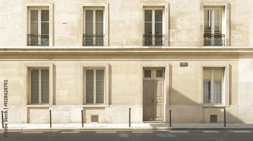 Elegant Parisian building facade, minimalist design, facing a wall with windows and doors, sunny afternoon light, peaceful urban setting, no people present.