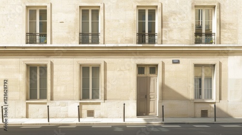 Obraz na płótnie Elegant Parisian building facade, minimalist design, facing a wall with windows and doors, sunny afternoon light, peaceful urban setting, no people present. w salonie