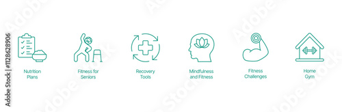 Holistic Health Icon Set - Vector Illustrations for Nutrition Plans, Senior Fitness, Recovery Tools, Mindfulness, Fitness Challenges, and Home Gym Setup