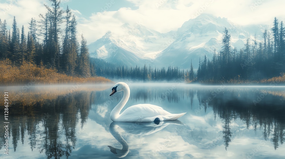 A serene swan glides across a misty lake, surrounded by majestic mountains and calm reflections. A serene swan glides across a misty lake, surrounded by majestic mountains and calm reflections.