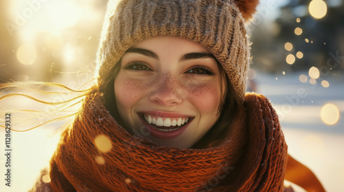 close up potrtait cheerful young woman with a radiant smile enjoying a snowy winter day. She wears a cozy knit hat and scarf, with snowflakes caught in her hair, basking in the warm glow of sunlight. photo