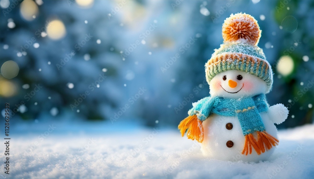Little cute baby Snowman on cold Winter Christmas day in warm clothes. Snowy background. Illustration of a small fictional creature from a child's imagination,copy text space Little cute baby Snowman on cold Winter Christmas day in warm clothes. Snowy background. Illustration of a small fictional creature from a child's imagination,copy text space