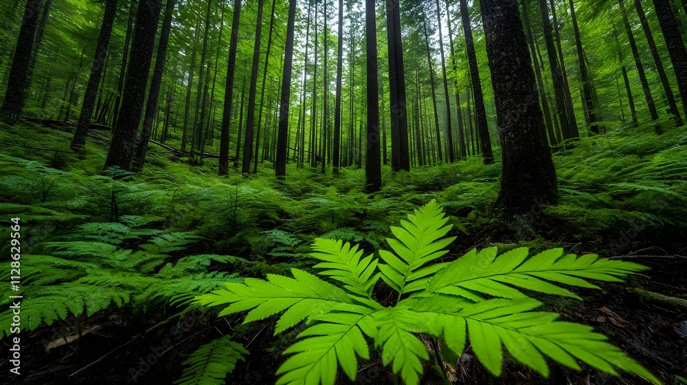 Fototapeta premium Lush Green Ferns in the Heart of a Dense Forest Surrounded by Tall Pine Trees and Soft Natural Light Filters Through the Canopy