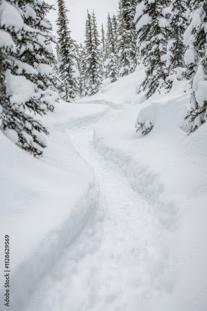 Snowy Forest Path, Winter Wonderland Scene With Snow Covered Trees, Bokeh, And Copy Space Snowy Forest Path, Winter Wonderland Scene With Snow Covered Trees, Bokeh, And Copy Space
