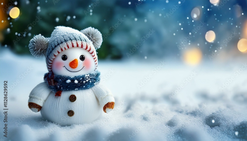 Little cute baby Snowman on cold Winter Christmas day in warm clothes. Snowy background. Illustration of a small fictional creature from a child's imagination,copy text space Little cute baby Snowman on cold Winter Christmas day in warm clothes. Snowy background. Illustration of a small fictional creature from a child's imagination,copy text space