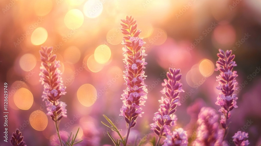 Pink Lavender Blossoms Bask In Golden Sunset Light Pink Lavender Blossoms Bask In Golden Sunset Light