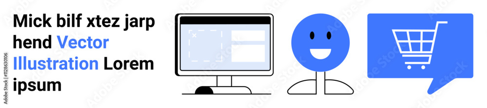 Computer monitor, blue smiling emotion, blue speech bubble with shopping cart. Ideal for e-commerce, customer support, user interfaces, online shopping, web design, digital communication, vector Computer monitor, blue smiling emotion, blue speech bubble with shopping cart. Ideal for e-commerce, customer support, user interfaces, online shopping, web design, digital communication, vector