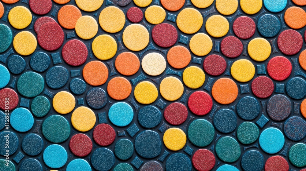 A vibrant array of colorful circular discs arranged neatly, creating an eye-catching geometric pattern. A vibrant array of colorful circular discs arranged neatly, creating an eye-catching geometric pattern.