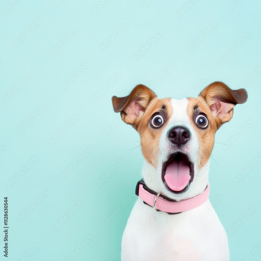 A cute dog has a surprised expression, with wide eyes and an open mouth, set against a solid background, showcasing its playful nature and charm. A cute dog has a surprised expression, with wide eyes and an open mouth, set against a solid background, showcasing its playful nature and charm.