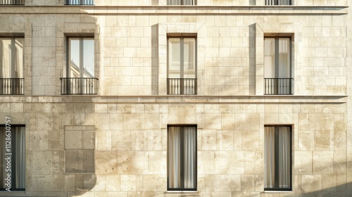 Elegant Parisian building facade, modern minimalist design, full wall with windows and doors, sunny afternoon light, serene urban environment, no people visible.